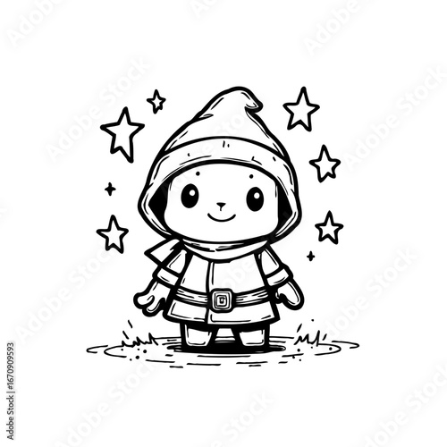 Enchanting whimsical drawing featuring a diminutive figure surrounded by radiant celestial bodies