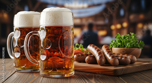 Oktoberfest Celebration: Traditional German Beer Mugs and Grilled Sausages