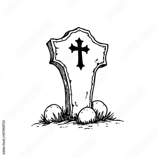 Etched gravestone illustration with cross symbol evoking themes of memorial remembrance and