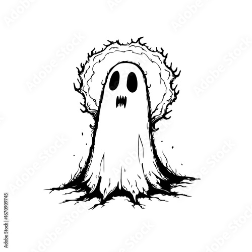 Ethereal apparition ink drawing a spooky specter with gnarled crown and spectral form creating