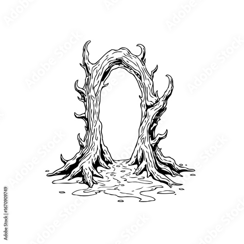 Ethereal arboreal entryway leading to the unknown realm in monochrome illustration showcasing