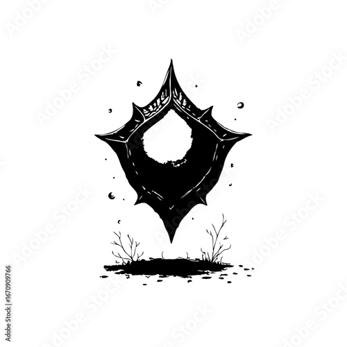 Ethereal sentinel, a black icon hovering above somber earth with minimalist stark design and