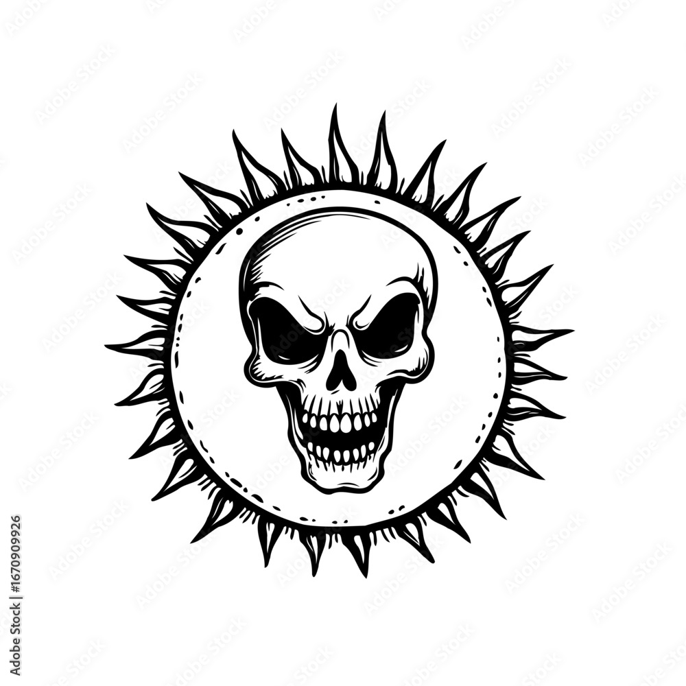 Obraz premium Grim reaper essence within a fiery sun symbol displaying macabre fascination and artistic dark