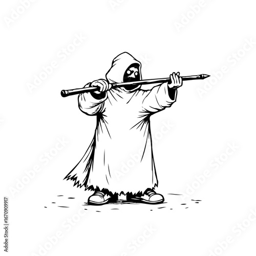 Grim hooded figure wielding a spear, evokes a sense of ominous presence and spectral warrior