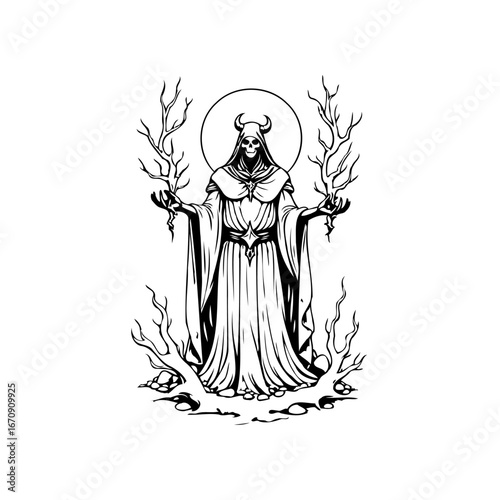 Grim reaper enigmatic figure in black and white, standing amid barren branches with celestial aura