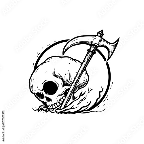 Grim Reaper's Embrace: A symbolic portrayal of mortality with a skull and scythe emblem evokes