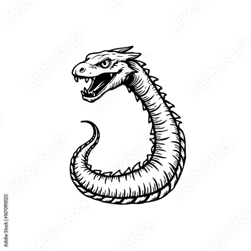 Ink drawn serpentine mythological creature with jagged scales and menacing expression ready for a