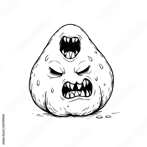 Intense monochrome sketch displaying a bizarre creature with ferocious facial expressions and