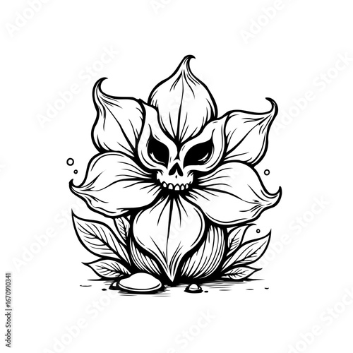 Intricate monochrome depiction of a floral element featuring a stylized skull within the bloom