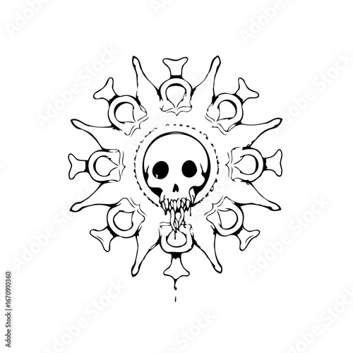 Intricate monochrome skull design, surrounded by symbolic elements conveying mystery and dark
