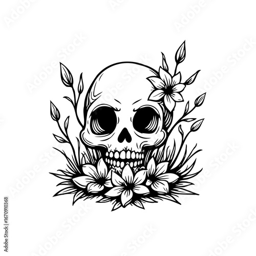 Intricate monochrome skull illustration interwoven with floral designs creating a contrast between