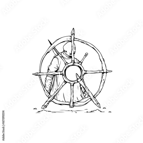 Intriguing warrior behind abstract circle formation with sharp edges showcases enigmatic protector