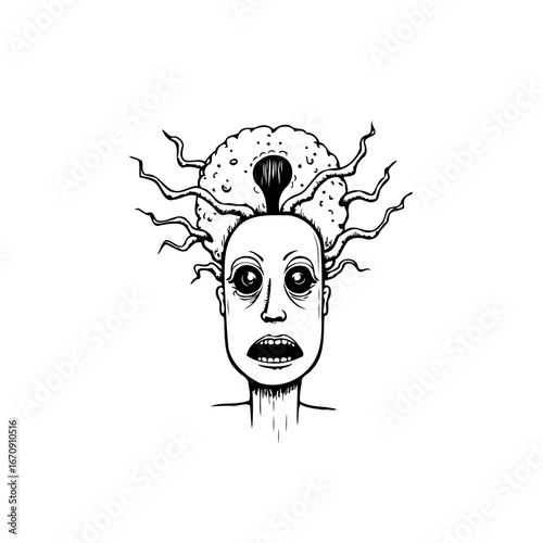 Intriguing surreal depiction showcasing a bizarre entity with tentacle appendages evoking eerie