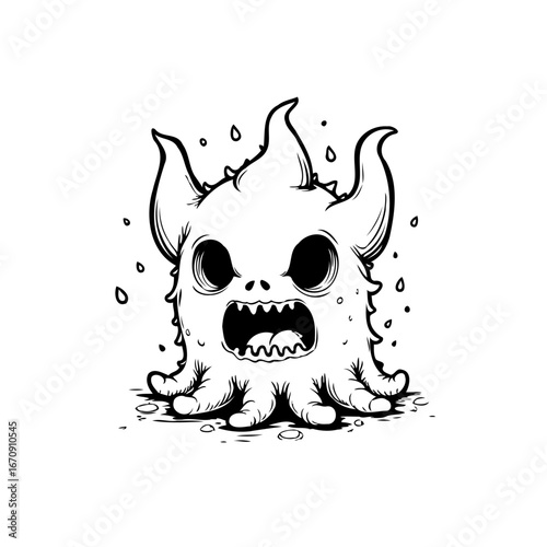Line art illustration of a whimsical monster character expressing fright and agitation through