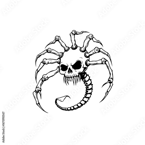 Macabre fusion of skull and arachnid limbs creates a striking horror themed concept design
