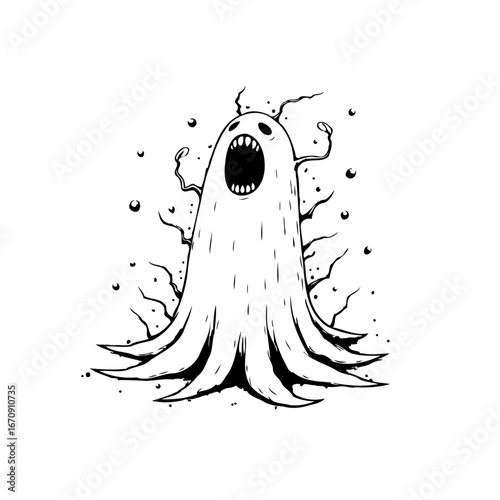 Monochromatic Spectral Apparition Illustration with Distorted Features and Unsettling Demeanor