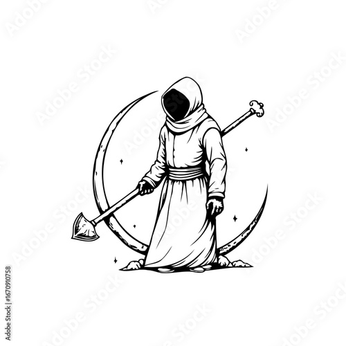 Monochrome depiction of a cloaked figure wielding a staff crescent moon background symbolizing