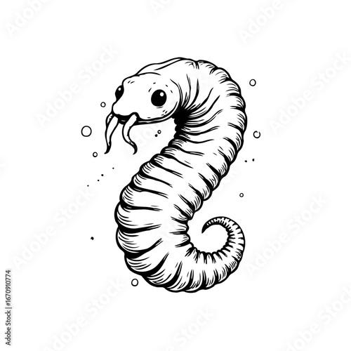 Monochrome depiction of a larva with an undulating segmented body and small bubbles floating