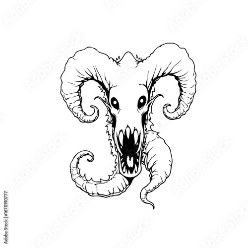 Monochrome demonic ram head illustration showcasing grotesque features evoking mythical horror and