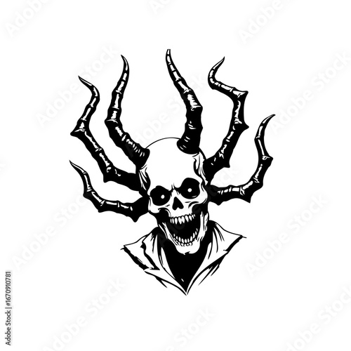 Monochrome depiction of a skull with prominent horns radiating from the cranium embodying dark
