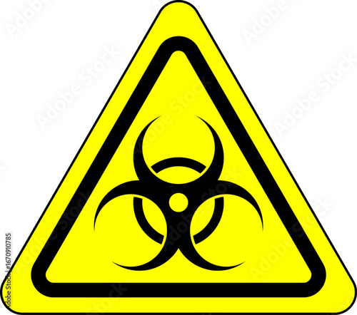 Yellow triangular warning sign displaying the international biohazard symbol in black. Indicates biological substances or risks. Vector safety icon, hazard alert