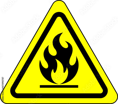 Yellow triangular warning sign depicting black flames. Indicates flammable materials or fire hazard. Vector safety icon, caution alert