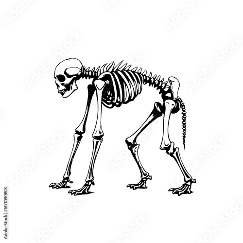 Monochrome skeletal primate figure exhibiting evolutionary characteristics on stark white