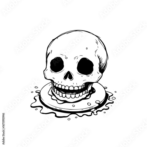 Monochrome skull resting atop a circular puddle a dark abstract design portraying mortality and