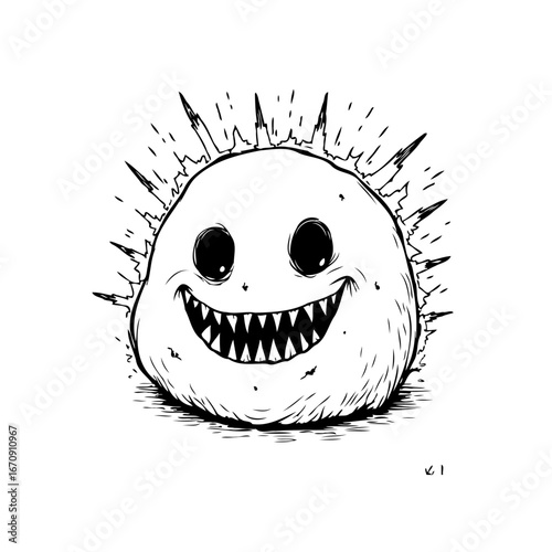 Monochrome whimsical character with radiant spiky halo beaming with unsettling cheerful exuberance