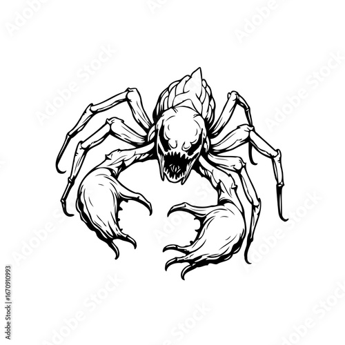 Monstrous arachnid drawing with articulated limbs and sharp mandibles creating a spine-chilling
