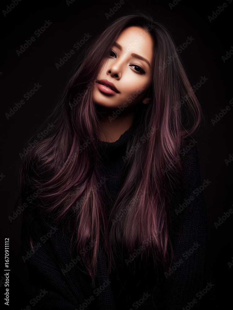 Fototapeta premium Beautiful asian model posing with long purple hair and black sweater on dark background