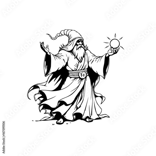 Mystic sorcerer casting spells from sun, an illustration of an elderly wizard conjuring light and