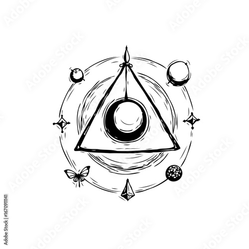 Mystical cosmic emblem showcases celestial bodies and geometric shapes in intricate monochrome