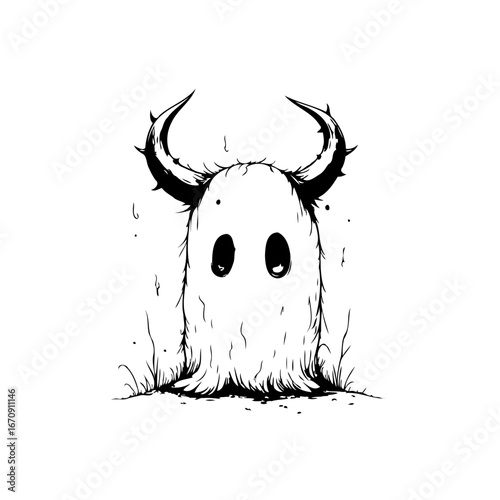 Mystical creature horned apparition artistic drawing monochrome whimsical spooky character
