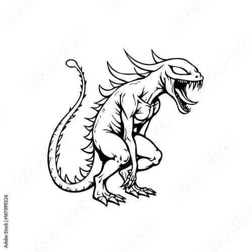 Outlined mythical creature displaying intense teeth and horns with a crouched position with