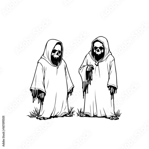 Sinister skeletal apparitions cloaked in white robes evoking an eerie and enigmatic atmosphere of