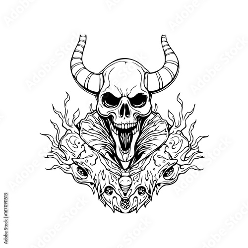 Sinister skull with horns surrounded by swirling flames evoking darkness and supernatural presence
