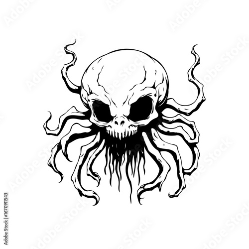 Skull octopus illustration conveying a feeling of darkness and otherworldliness with bold lines