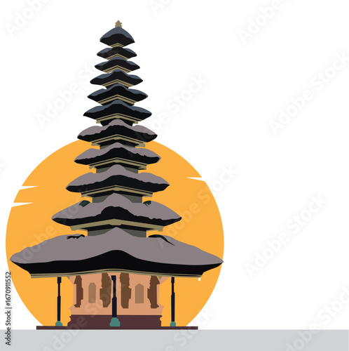 Stylized vector of a Balinese meru temple with eleven-tiered thatched roofs, ornate wooden base, and cultural elegance in minimalist design