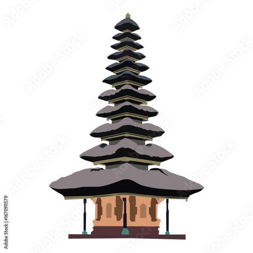Stylized vector of a Balinese meru temple with eleven-tiered thatched roofs, ornate wooden base, and cultural elegance in minimalist design