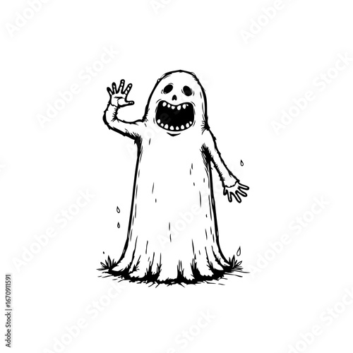 Spooky halloween illustration presenting a scary apparition figure floating with outstretched arms