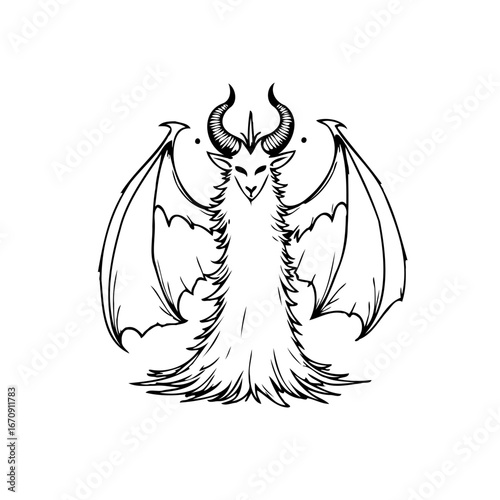 Stylized depiction of winged horned creature invoking elements of fantasy and mythical beings