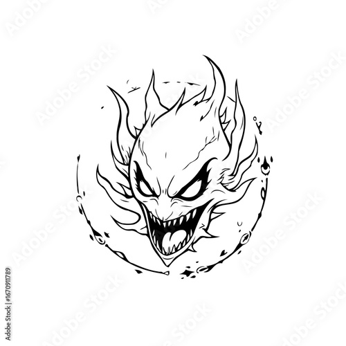Stylized depiction showcasing a fierce demon or spirit visage with jagged features and abstract