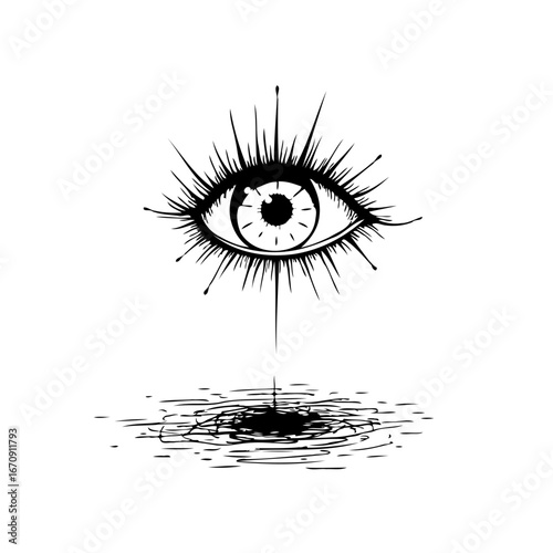 Stylized eye dripping into a distorted pool of reflection illustrating themes of introspection