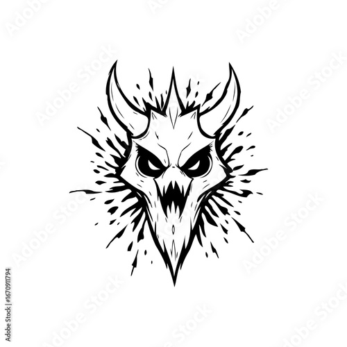 Stylized devilish illustration portraying intense stare surrounded with chaotic splash design