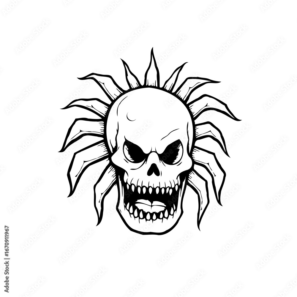 Fototapeta premium Stylized skull illustration adorned with radiating elements resembling a stylized sunburst