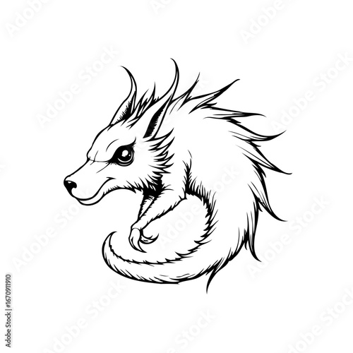 Stylized mythical creature head in monochrome illustration detailed artwork of fantastic beast art