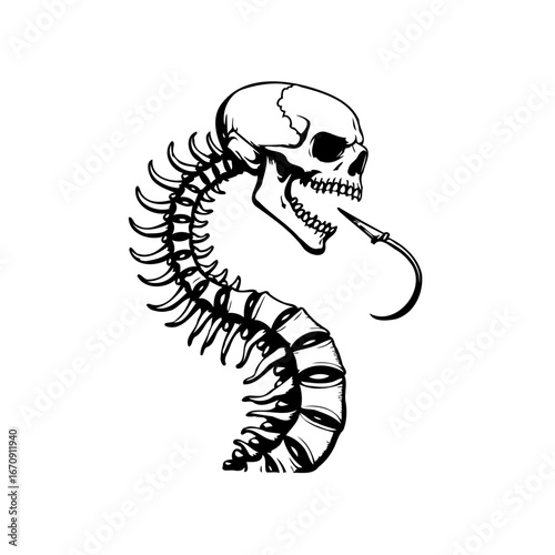 Stylized skeletal figure with arched spine presenting a dramatic macabre black and white
