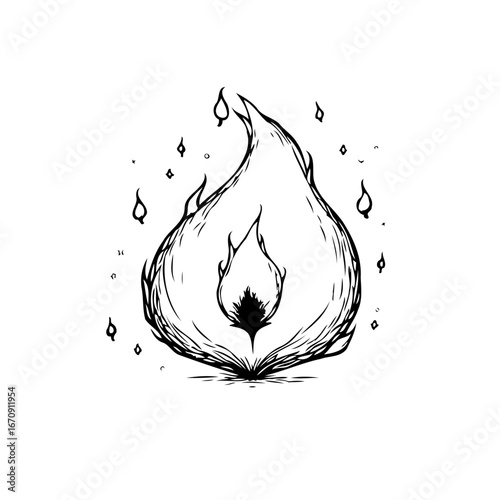 Stylized sketch of a flickering flame with unique design elements and surrounding sparks for