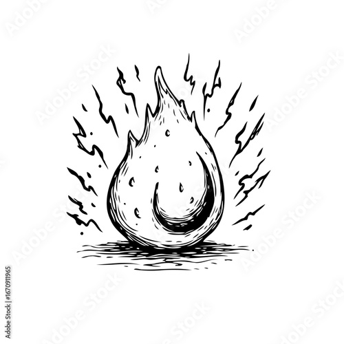 Stylized sketch of a glowing fire element depicting energy and power in vintage illustration